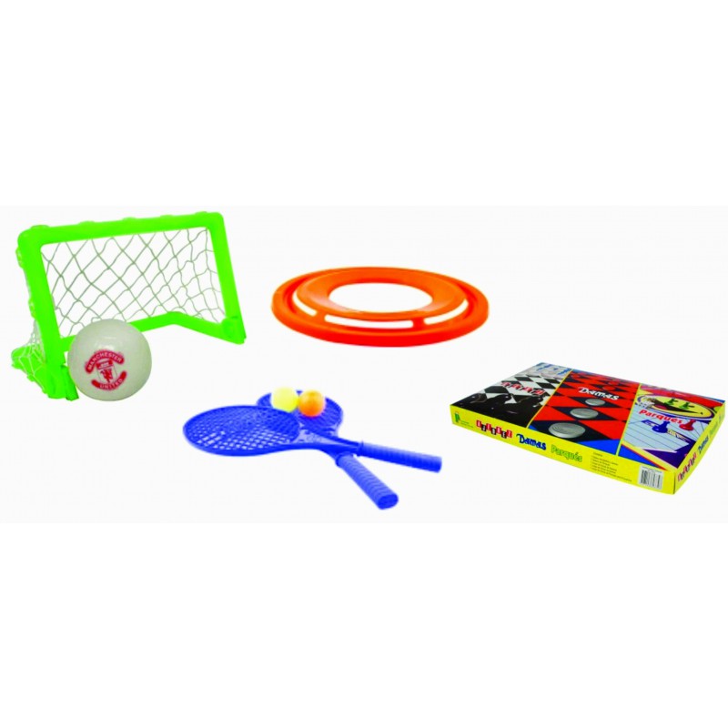 Kit Cancha Futbol, NBA, Raqueta Grande, Frisbee Ovni, Juego 3 en 1 (Ajedres-Damas-parques )